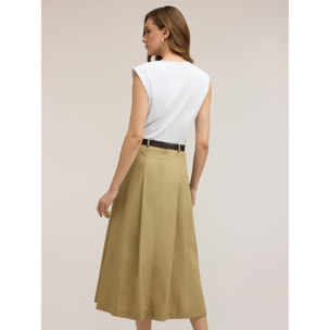 Motivi - Vestido midi con cinturón y falda de popelín - Beige
