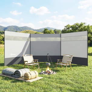 Paravent brise-vue camping plage portable pliable avec sac de transport et poteaux acier dim. 440L x 140H cm gris