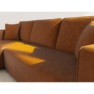 Topaze - canapé d'angle réversible 4 places convertible avec coffre en simili - Cognac