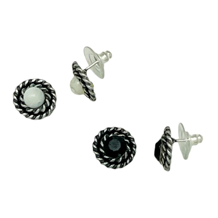 Pack de pendientes redondo filiigrana piedra nacar y SW negro plata 10µ
