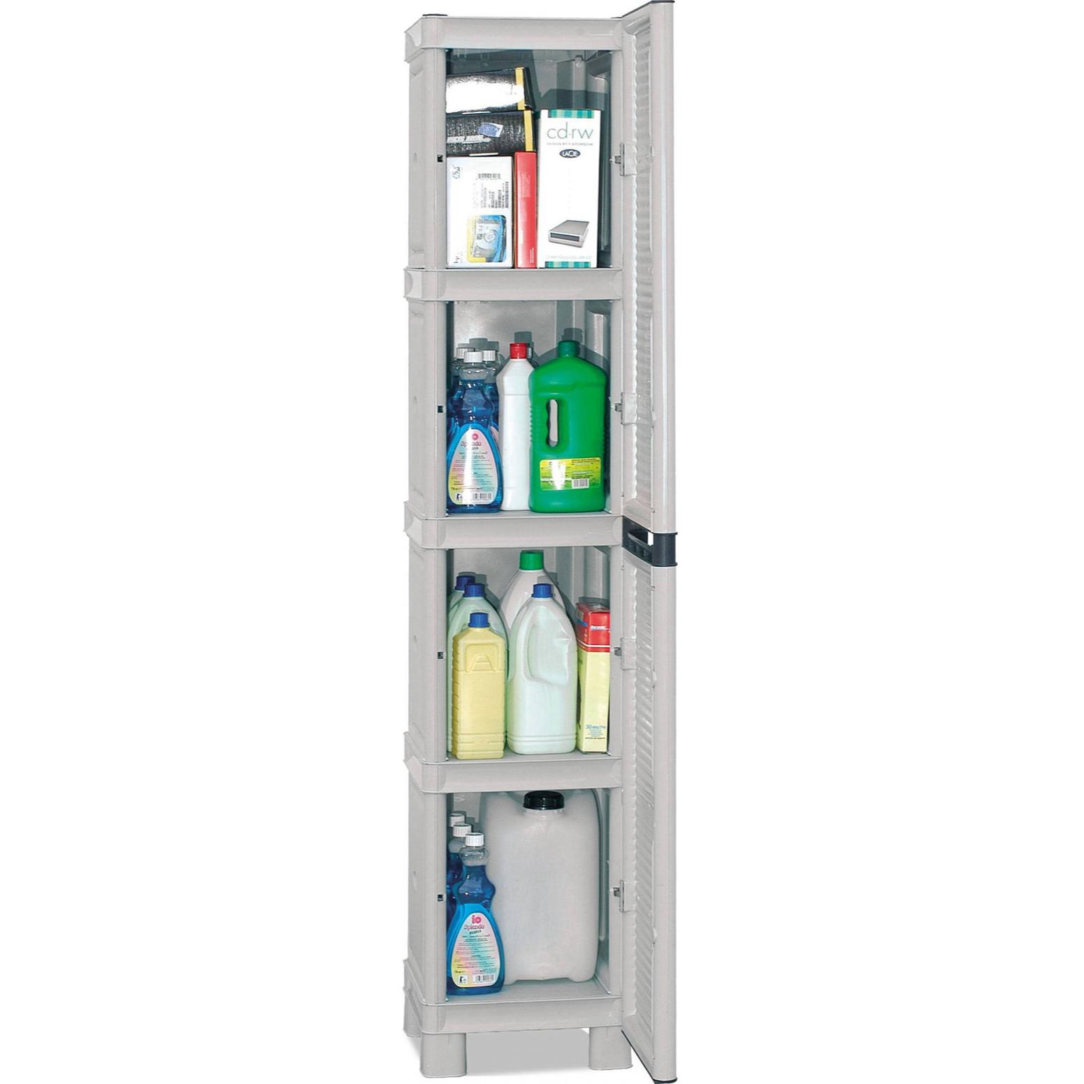 Armadio multiuso da esterno o interno, Mobile a 1 anta e 3 ripiani in polipropilene, 100% Made in Italy, cm 35x39h172, colore Grigio chiaro