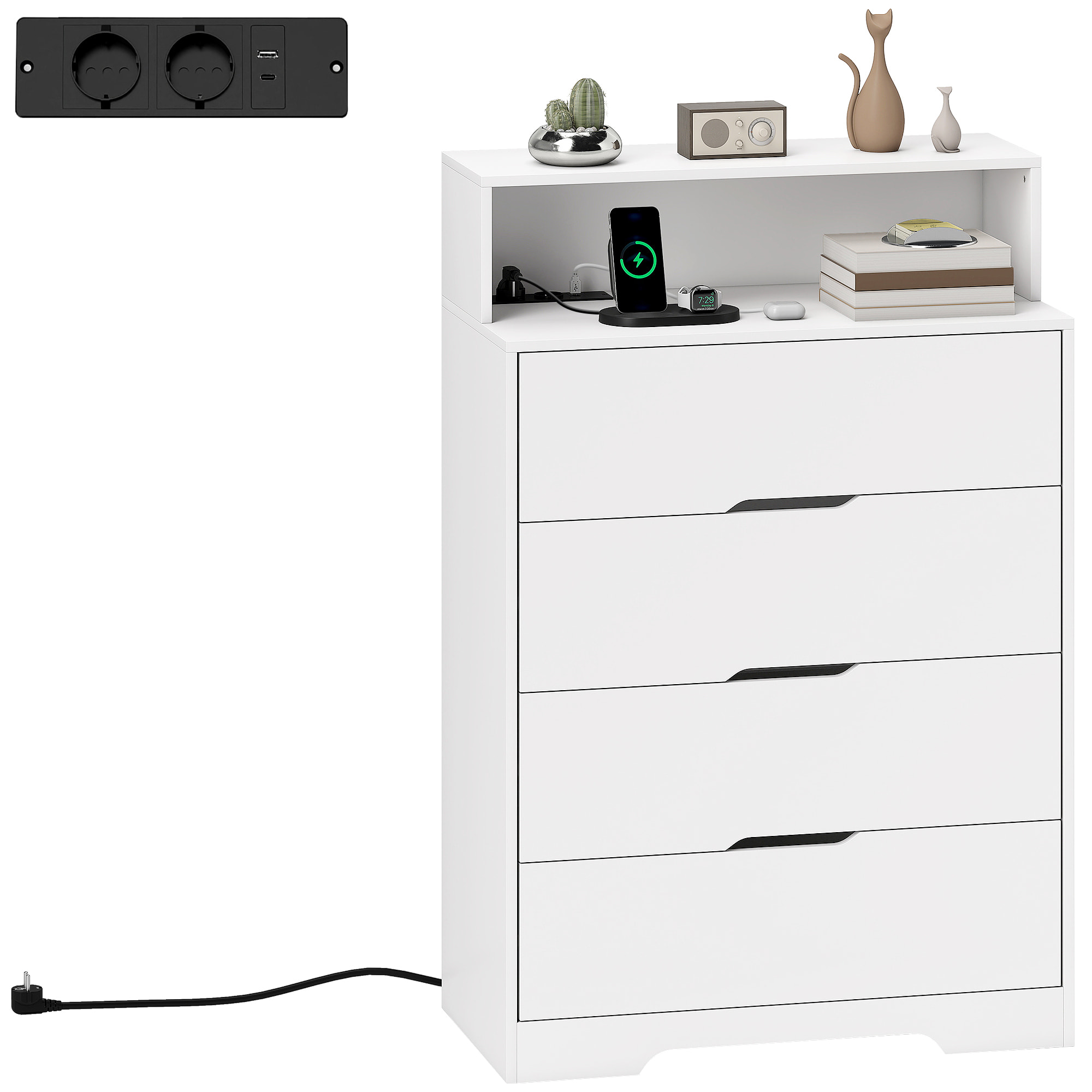 Cómoda de 4 Cajones con Estación de Carga, Cajonera para Dormitorio con Puerto USB, Puerto USB-C, Estante Abierto, 80x40x120 cm, Blanco