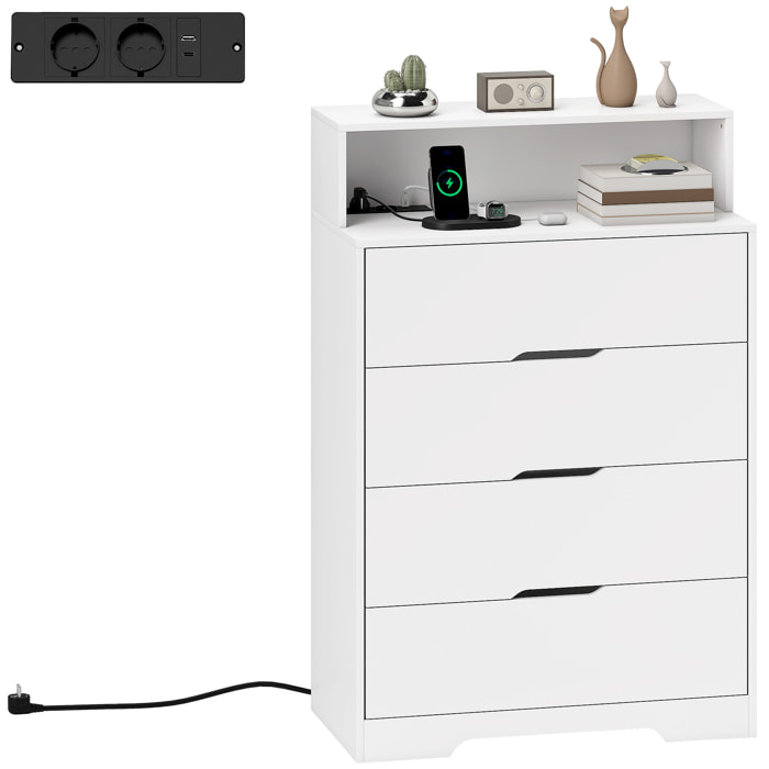 Cómoda de 4 Cajones con Estación de Carga, Cajonera para Dormitorio con Puerto USB, Puerto USB-C, Estante Abierto, 80x40x120 cm, Blanco