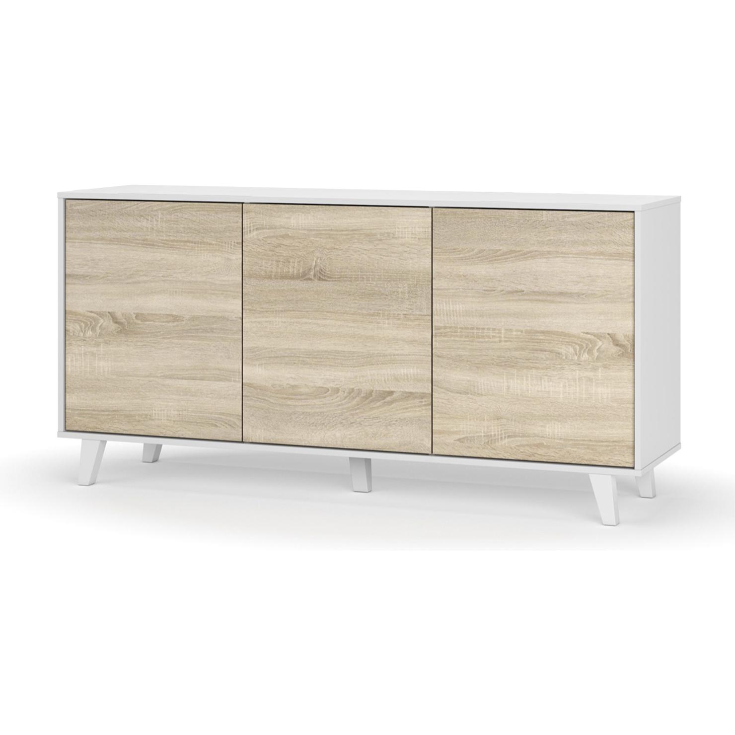 Credenza Arvada, Madia moderna a 3 ante e ripiani, Buffet da cucina, Buffet di design da soggiorno, cm 154x40h75, Bianco lucido e Bianco