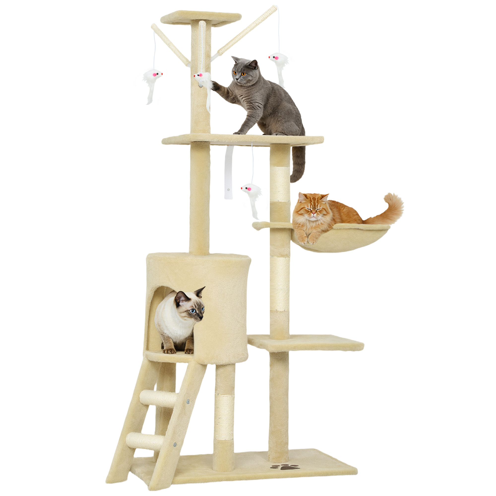 Árbol Rascador para Gatos Grande, Árbol para Gatos, Altura 134 cm, Torre de Escalada con 6 Postes de Sisal, 3 Plataformas, 1 Cueva, 1 Hamaca, 1 Escalera, 4 Juguetes Colgantes, Beige