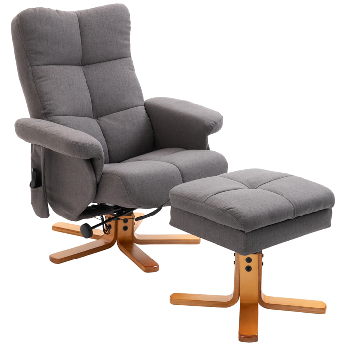Fauteuil de massage inclinable avec repose-pied - coffre rangement intégré - bois tissu gris