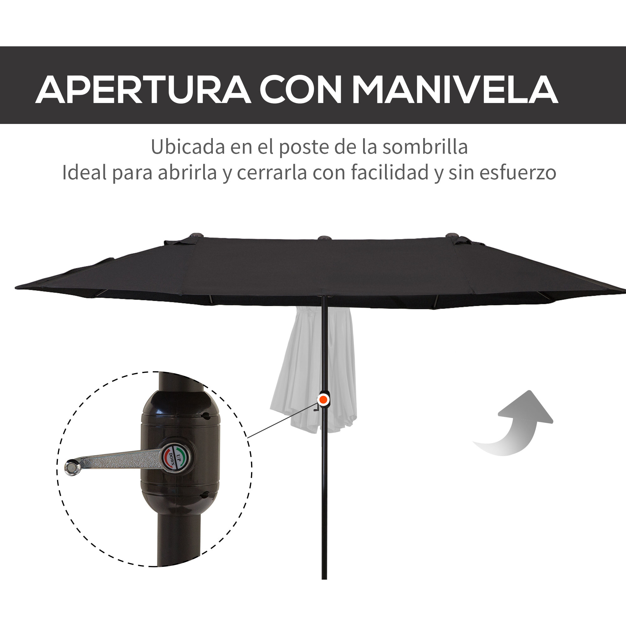 Sombrilla Doble Grande Con Manivela Manual 4,6x2,7m Negro