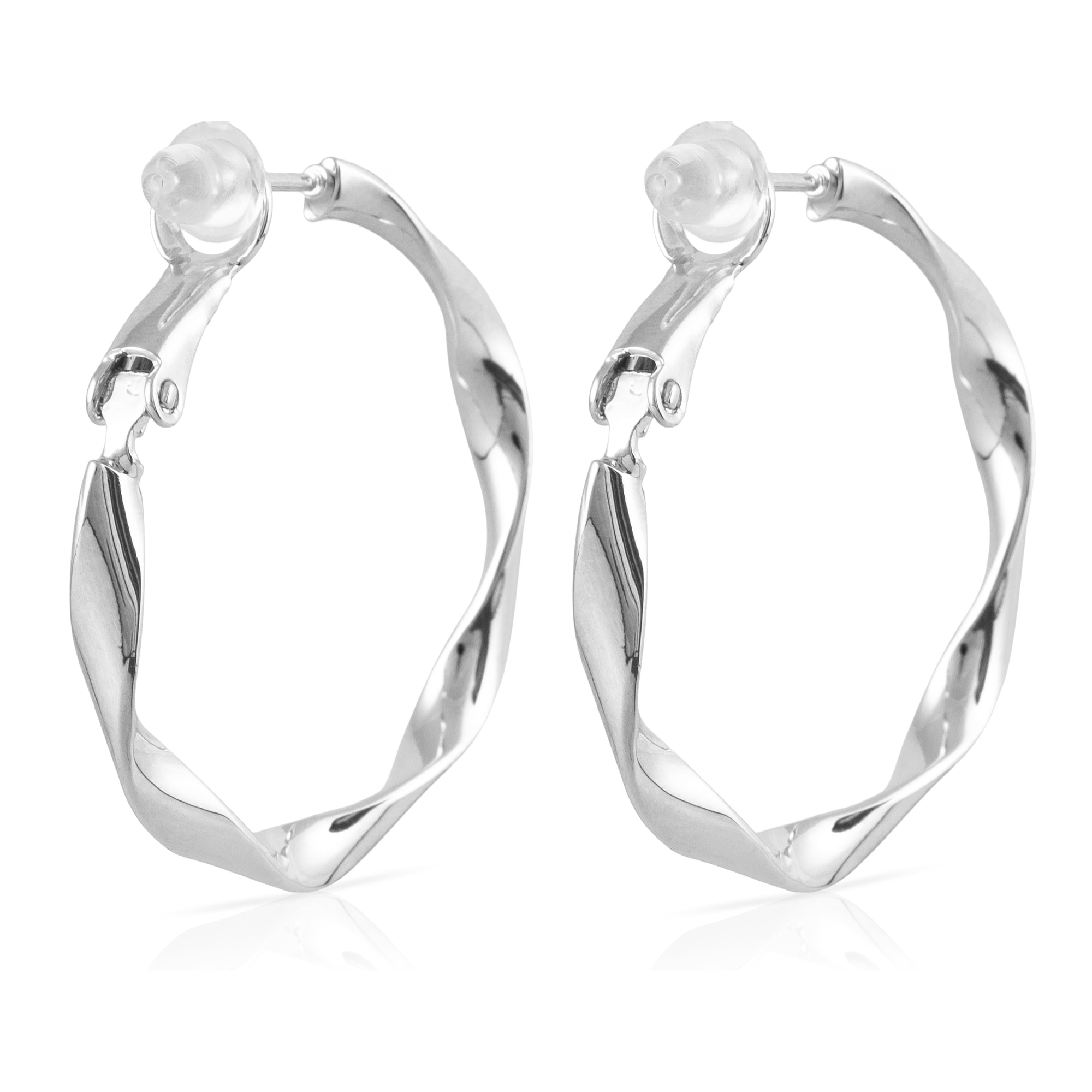 Pendientes de aro ondulados de cobre con recubrimiento electroplateado, 30 mm, con cierre catalán en plata de ley 925.