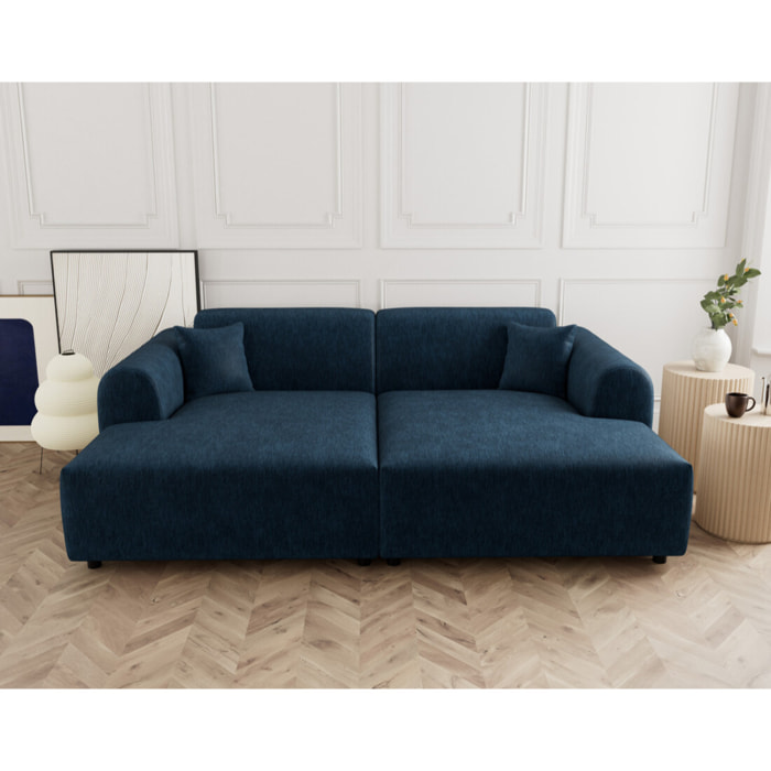 Aumance - canapé droit 4 places avec double méridienne assise profonde en velours texturé - Bleu