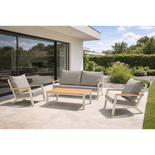 KOMMOS - Salon de jardin 5 pl en alu et plateau composite effet bois