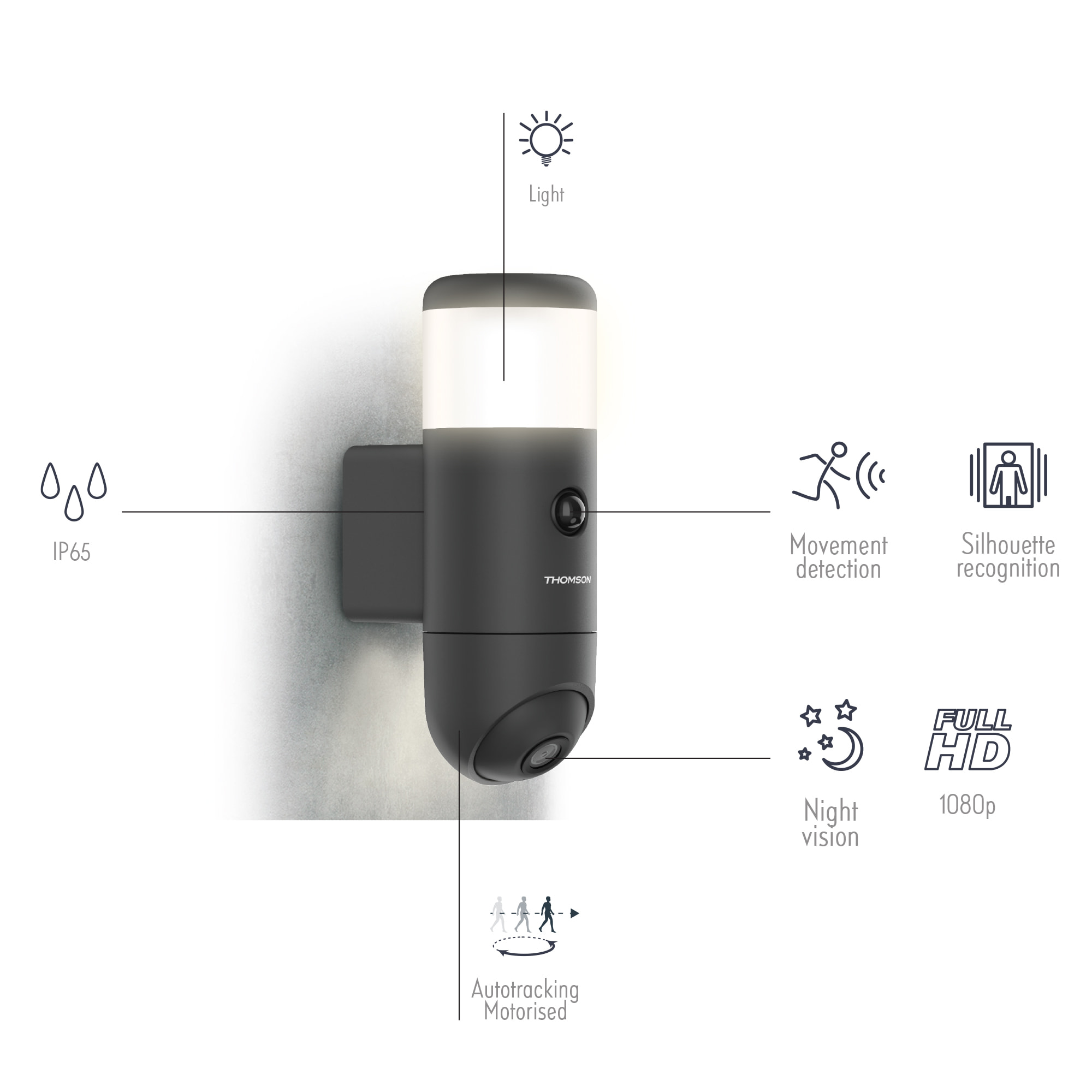 Caméra extérieure connectée, rotative, motorisée, éclairage intégré - Rheita 100 - Thomson - 512511