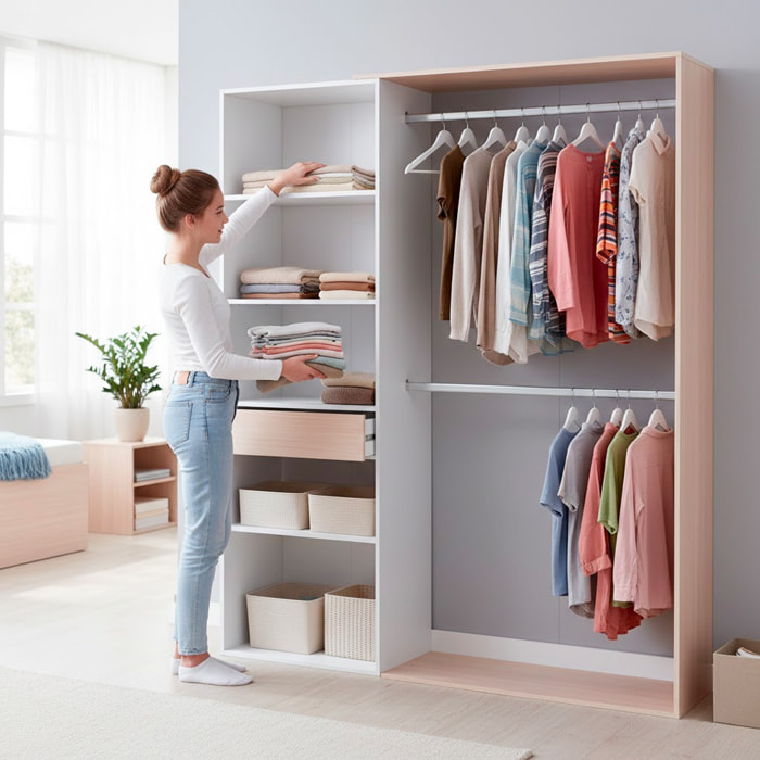 Armadio Guardaroba Con 2 Barre Appendiabiti 4 Ripiani E Cassetto Armadietto Mobile Salvaspazio Reversibile Camera 187x40x158 Cm Bianco Opaco e Rovere