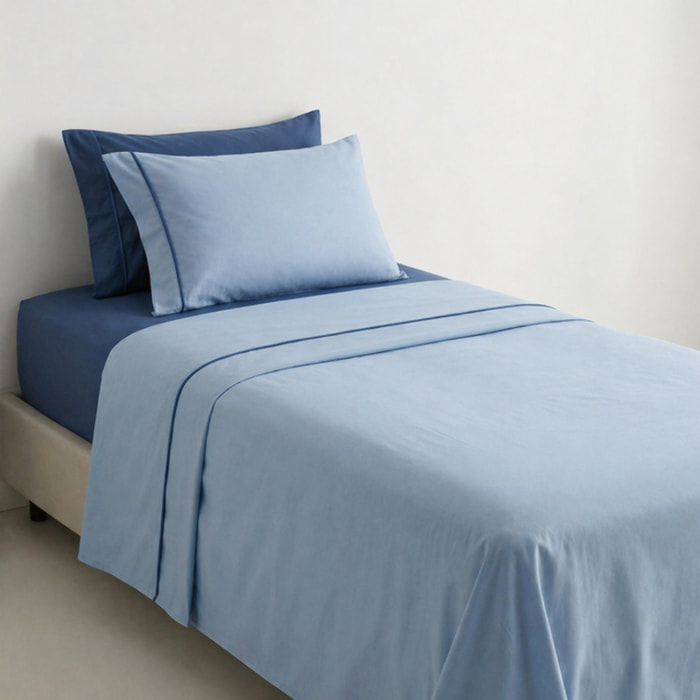 Completo lenzuola singolo in cotone bicolore morbido e traspirante, set letto con lenzuolo sopra, sotto con angoli e federa, design con piping a contrasto elegante, resistente e leggero 116 gsm, certificato OEKO-TEX