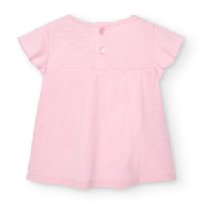 Camiseta niÃ±a, algodÃ³n flamÃ© lisa, mangas cortas, rosa