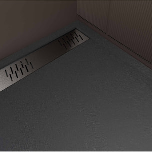 Receveur de douche en résine noir 90x120x3 cm effet pierre granit + grille linéaire gun metal