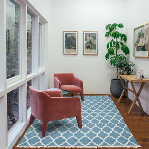 Tapis Kilim tissé à la main en laine motif Géométrique bleu et blanc