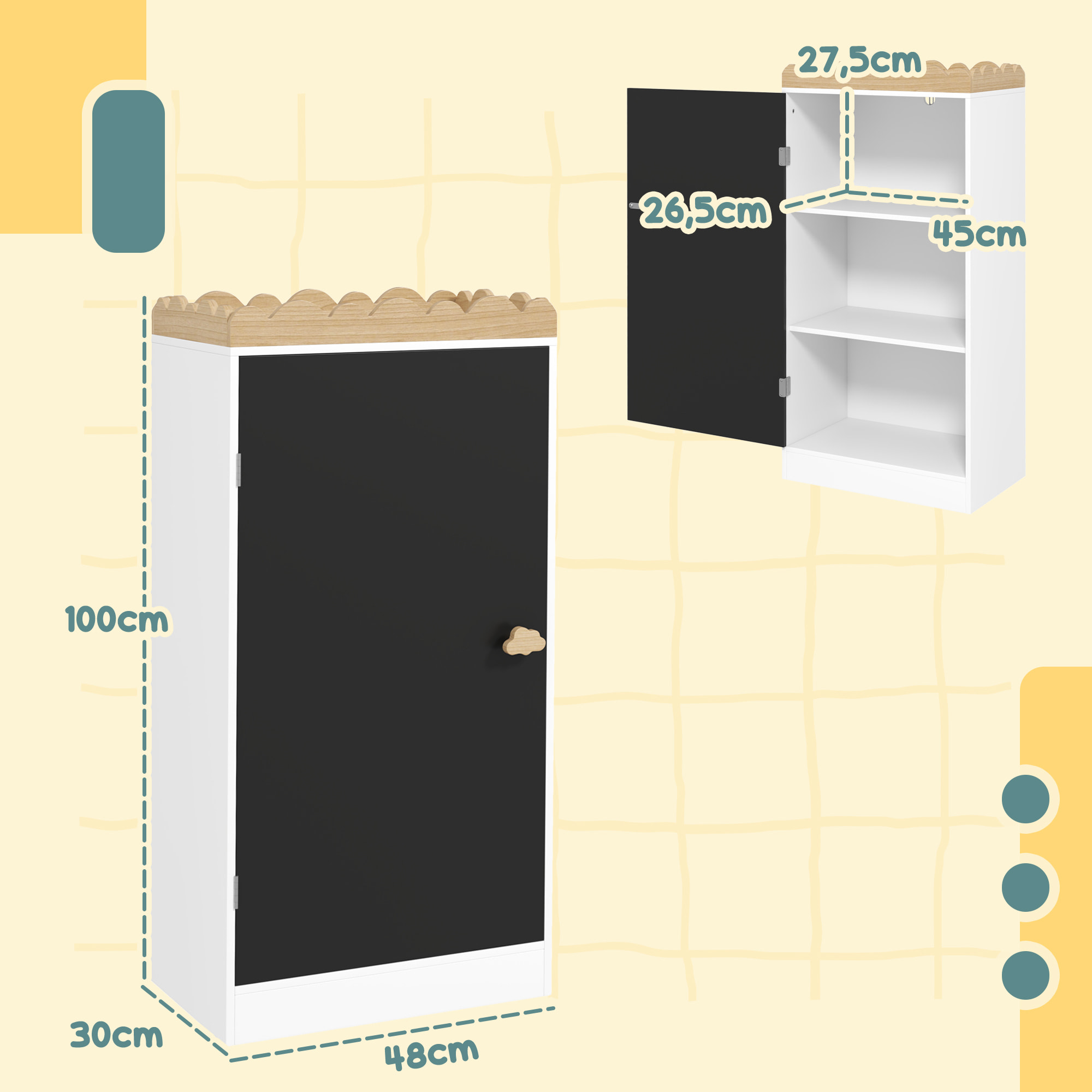 Armoire enfant design nuage - porte tableau noir 2 en 1 - 2 étagères, plateau - blanc aspect bois