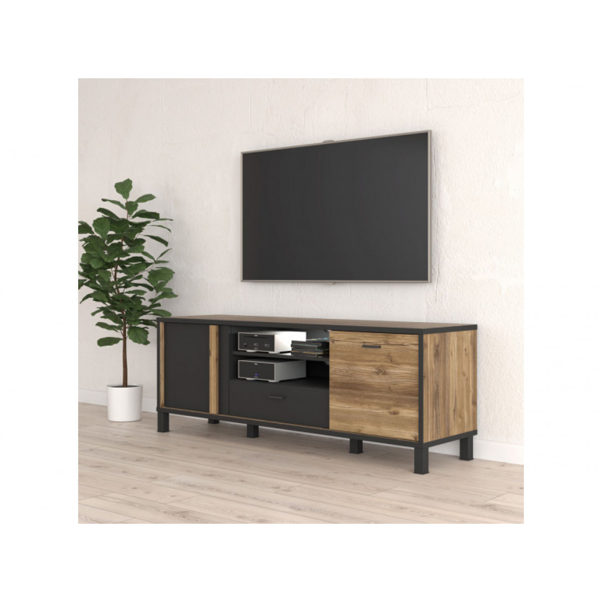 Meuble TV en bois effet chêne et noir L155cm - YAL