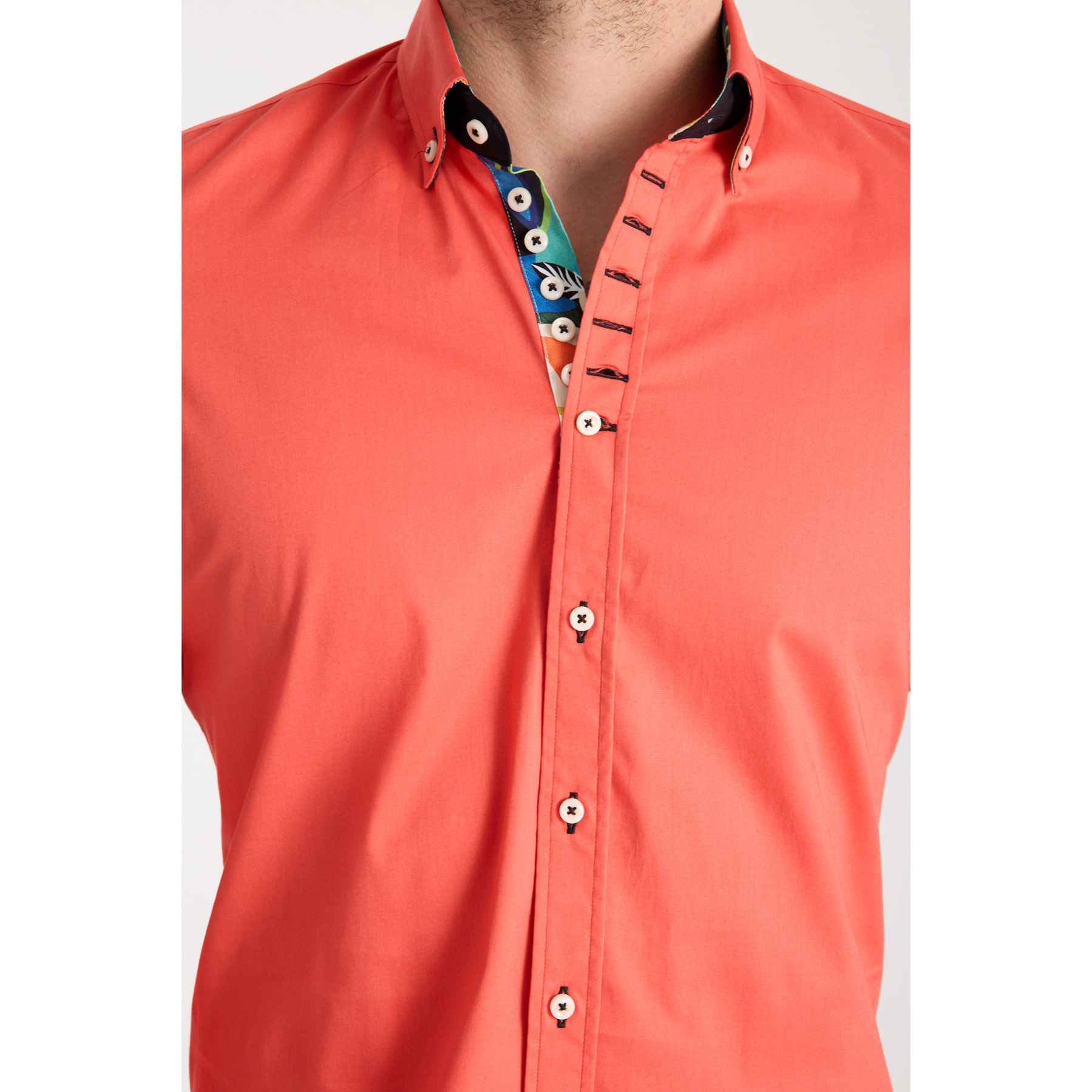 Camicia Uomo 1 Bottoni Button Down Slim Popeline Stretch Unito Corallo