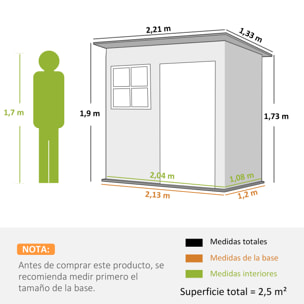 Caseta de Jardín Exterior, 2,55 m² 221x133x190 cm, Cobertizo de Jardín Exterior Metálico con Ventana, Puerta con Cerradura y Ventilaciones, para Almacenamiento de Herramientas, Gris Oscuro