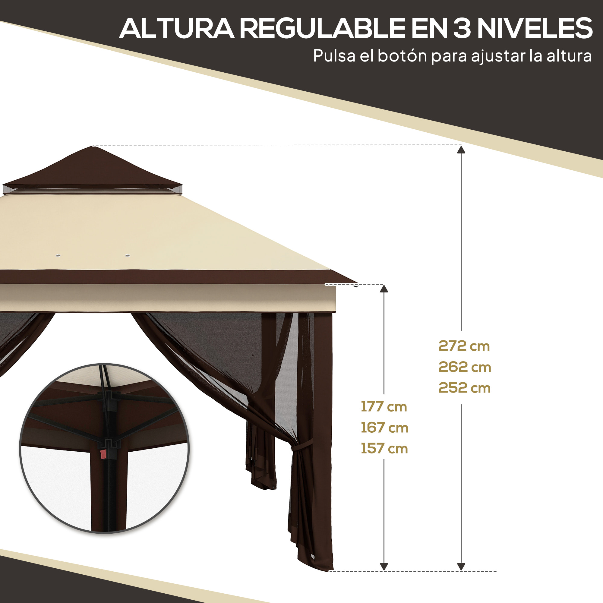 Carpa Plegable 3x3x2,7 m Cenador de Jardín con Doble Techo Altura Ajustable 4 Mosquiteras Protección UV30+ Impermeable y Bolsa Gazebo para Exterior Fiestas Camping Beige y Café