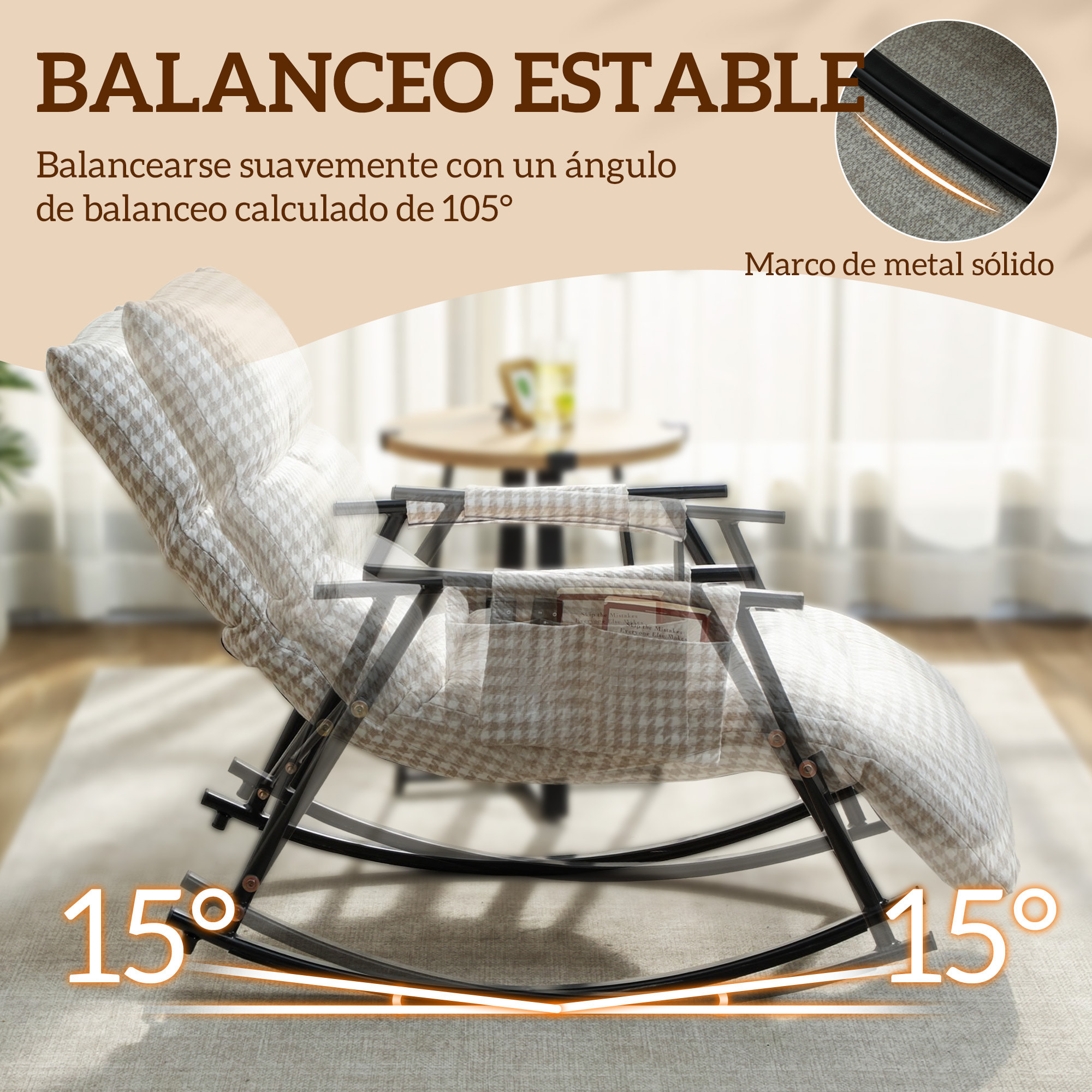 Silla Mecedora con Respaldo y Reposapiés Ajustables, Mecedora Sillón Balancín 105°, Tapizada en Lino, con Bolsillo Lateral y Marco de Metal, Carga 120 kg, para Dormitorio, Salón, Gris y Blanco