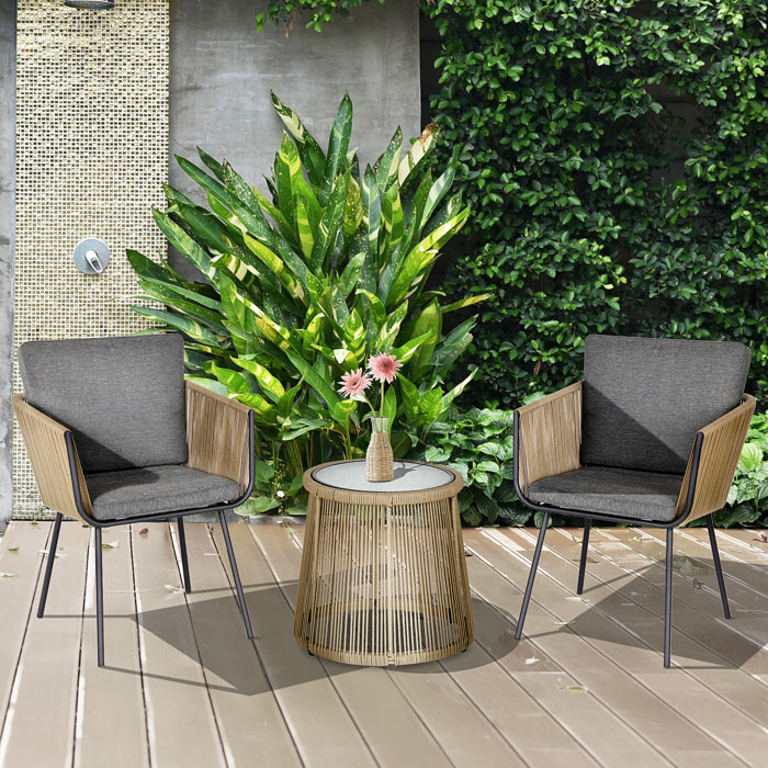 Conjunto de Jardín Exterior de 3 Piezas Juego de 2 Sillas y Mesa de Ratán con Cojines Acolchados y Encimera de Vidrio para Balcón Terraza Café y Gris