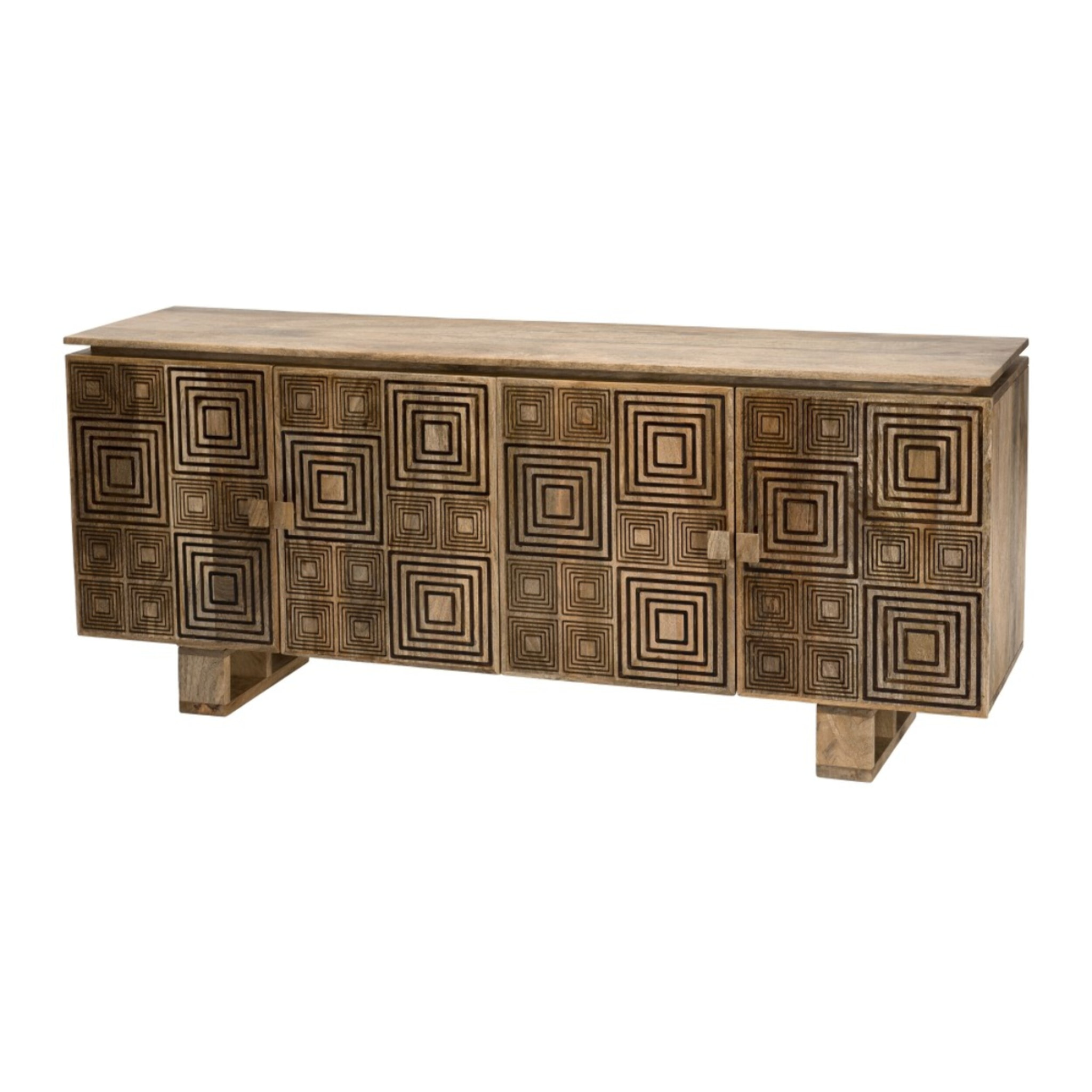 INDRA - Buffet bois Manguier 177x45cm 4 portes 2 étagères motifs noirs Goa