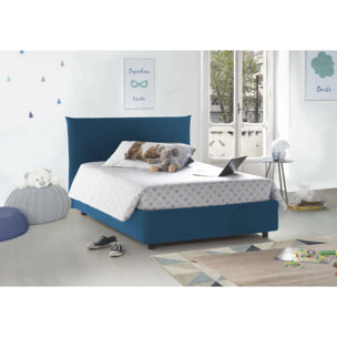 Letto piazza e mezza Creta, Letto contenitore con rivestimento in tessuto, 100% Made in Italy, Apertura frontale, con materasso Cm 120x190 incluso, Blu