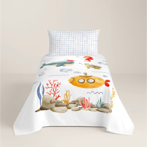 Cool Kids - Juego de Sábanas Estampadas - Infantil - Incluye 1 Funda de Almohada + 1 Sábana Bajera - 100% Algodón - Submarine