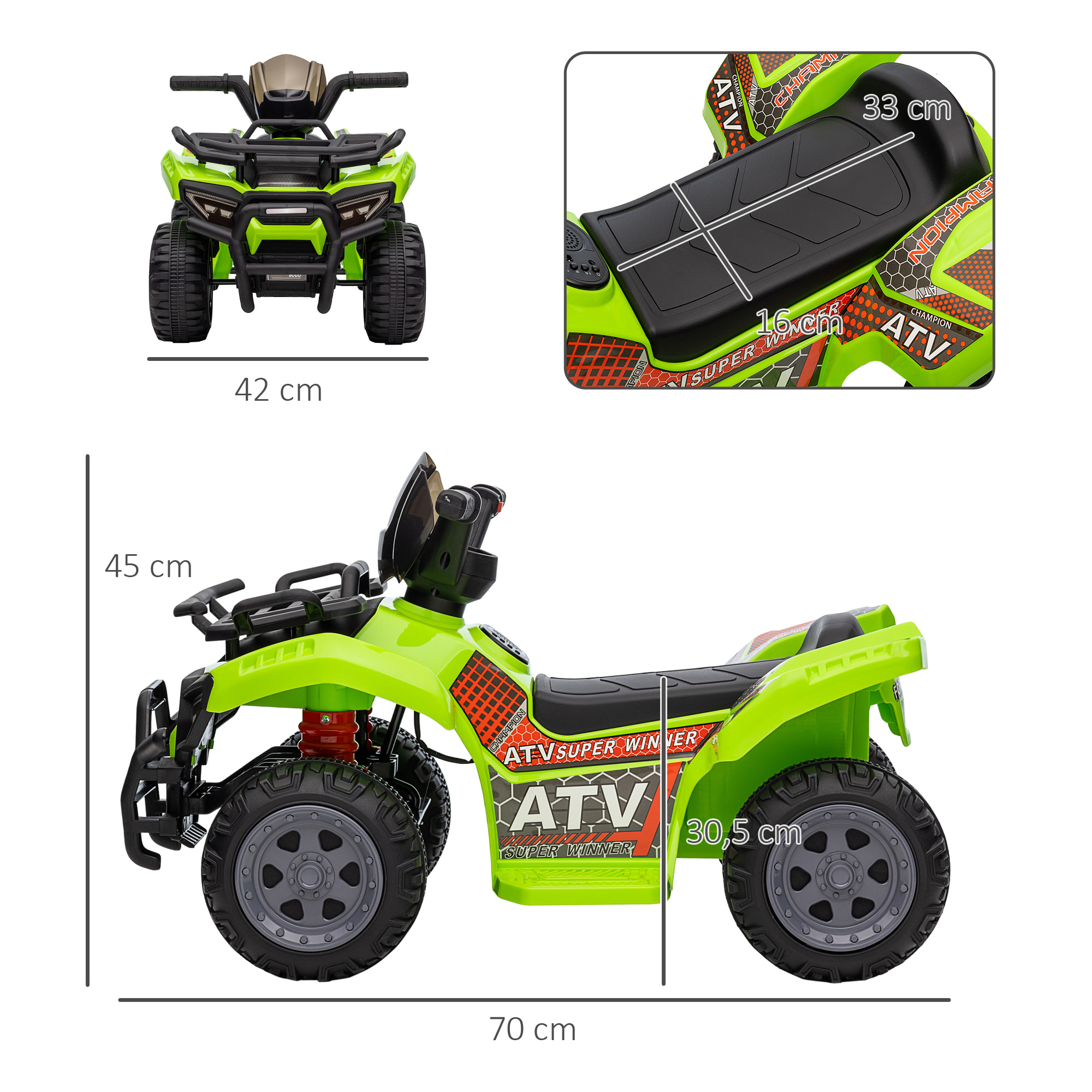 Quad Eléctrico 6V para Niños 18-36 Meses con Faros LED 2 km/h 66x44x42 cm Verde