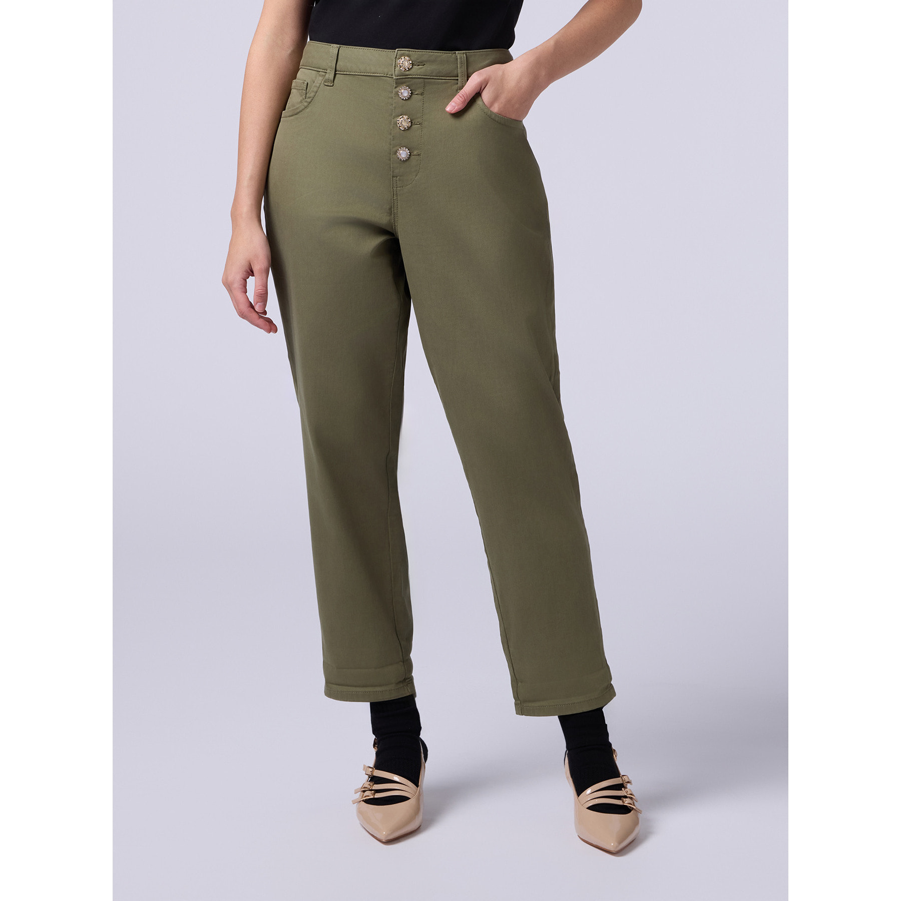 Oltre - Pantaloni boyslim in cotone/lyocell - Verde militare