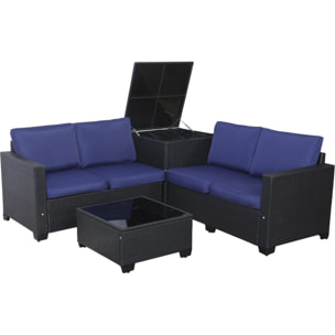 Salon de jardin en résine tressée avec coffre de rangement "Riley" - 4 places - Bleu foncé