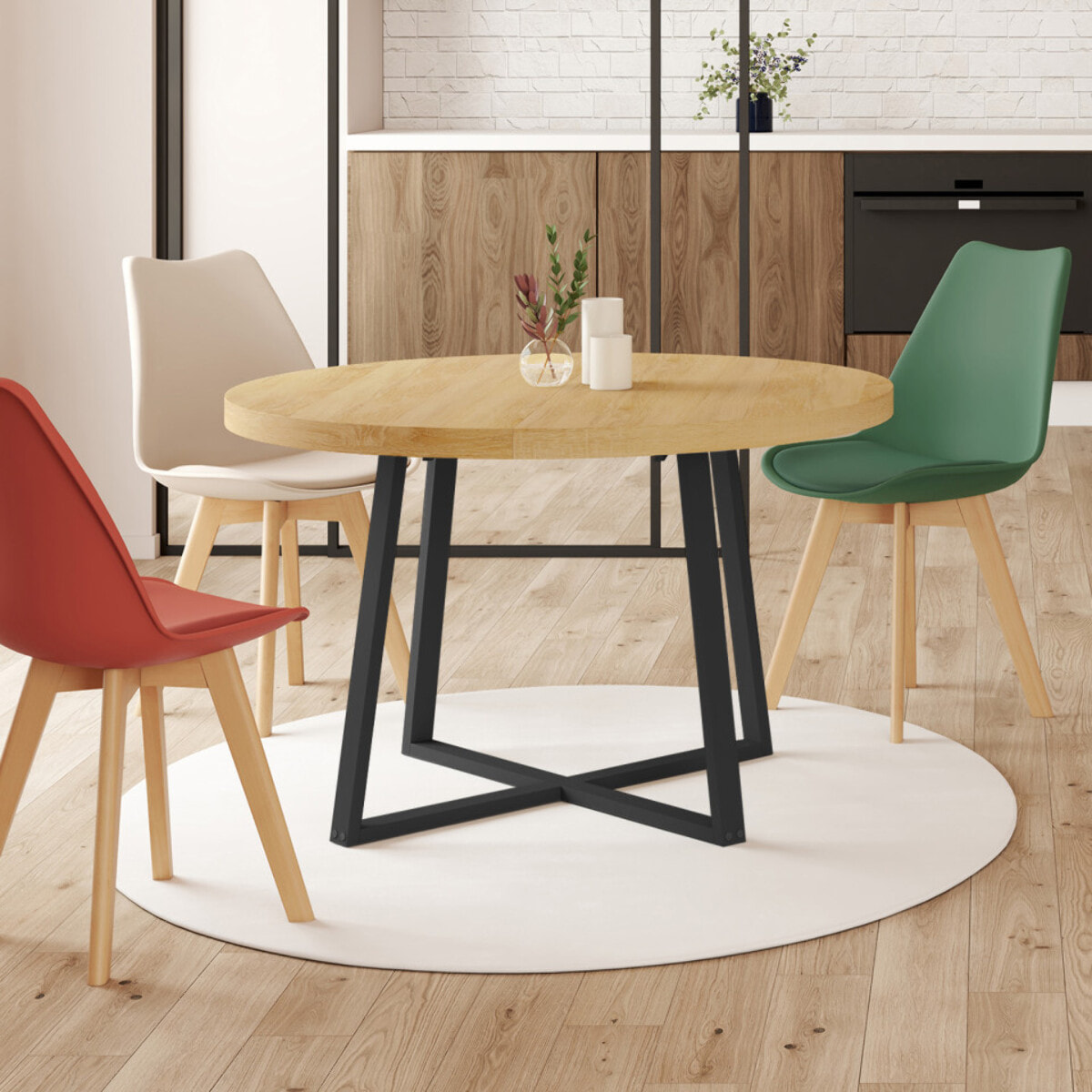 Table à manger ronde extensible Sana Ø110-150cm bois et noir