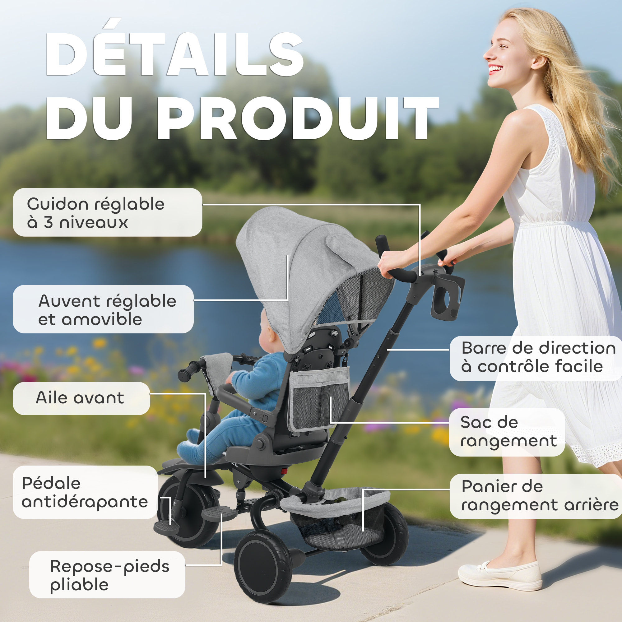 Tricycle évolutif pliable réglable 6 en 1 gris