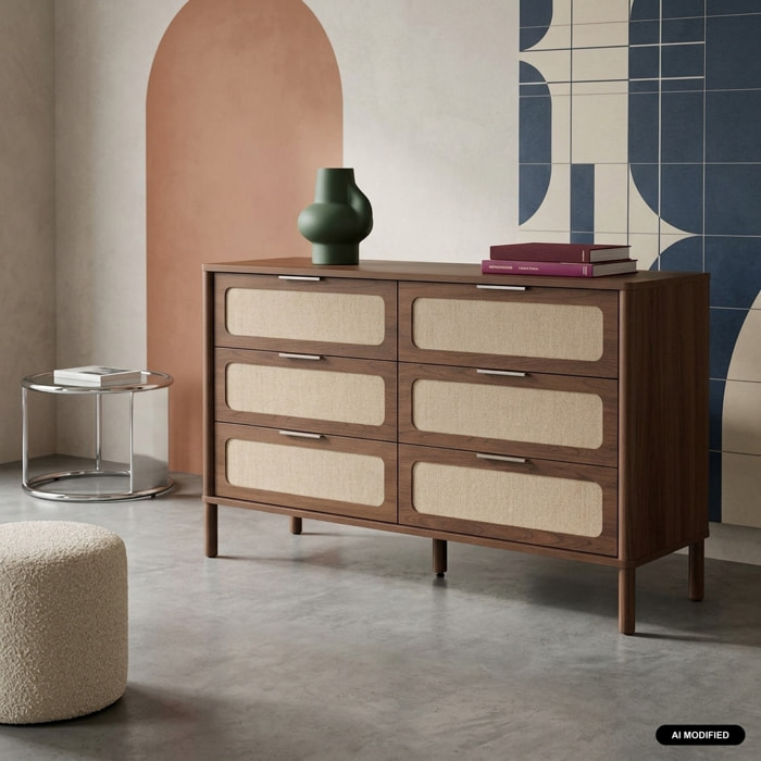 Commode vintage décor bois et cannage 6 tiroirs ETTA