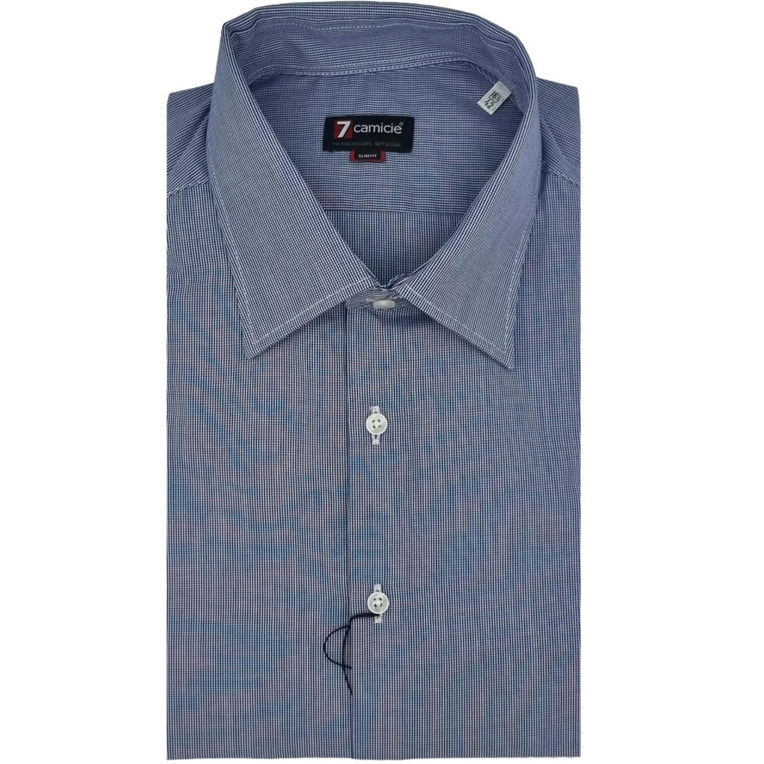 Camicia Uomo 1 Bottone Italiano Slim Popeline Quadro Piccolo Blu\Bianco