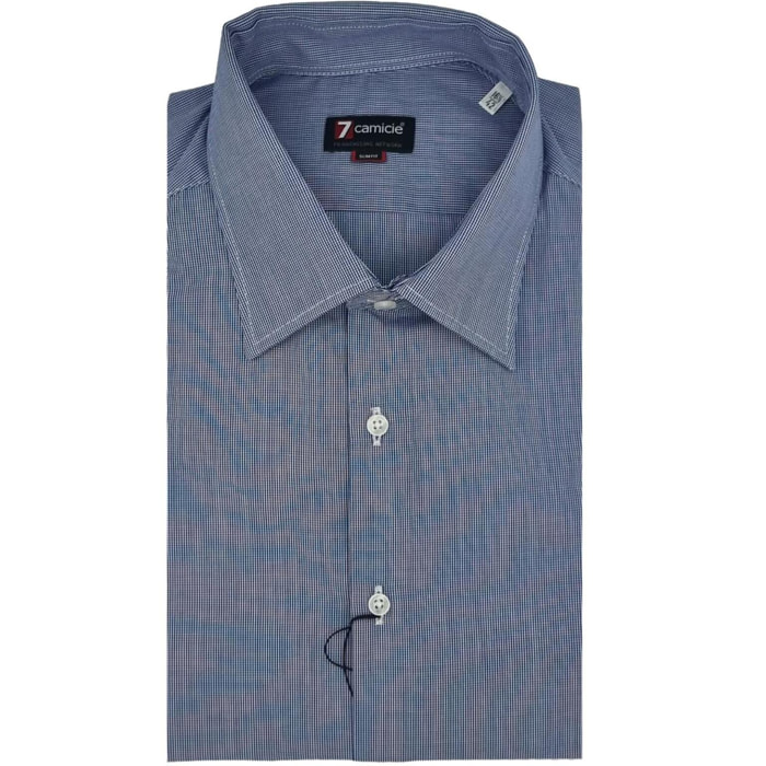 Camicia Uomo 1 Bottone Italiano Slim Popeline Quadro Piccolo Blu\Bianco