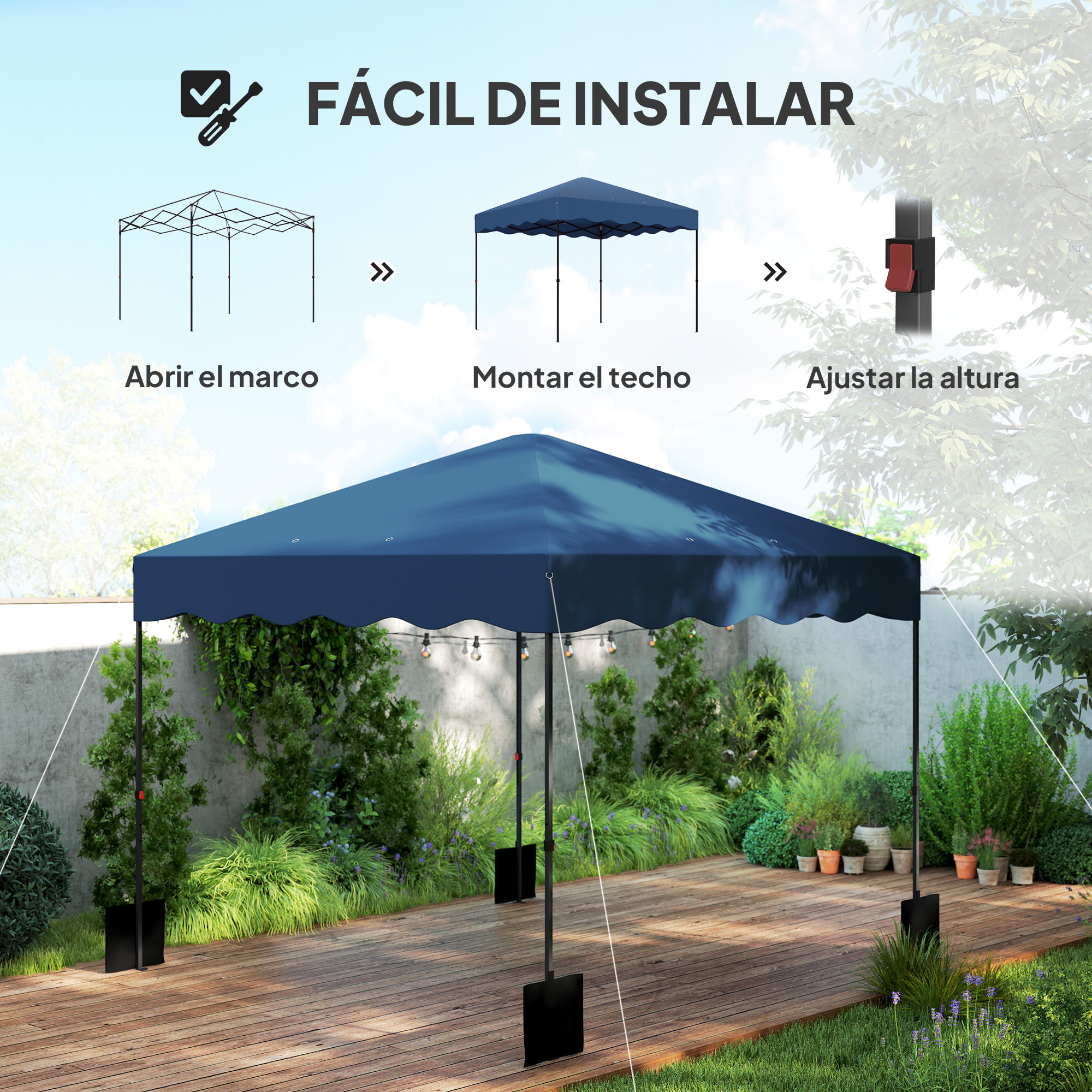 Carpa Plegable Pop-up Gazebo 3x3 m Cenador Plegable con Protección UV 50+ Altura Ajustable Bolsa de Arena y Bolsa con Ruedas para Camping Fiestas Azul Oscuro