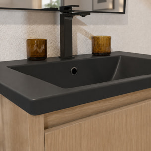 Meuble de Salle de Bains 50cm 2 portes Chêne Clair, Vasque Noire et Miroir Cadre Noir 50x70 - XENOS
