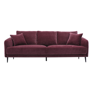 Canapé design 3 places en tissu effet velours prune et métal noir JERRY