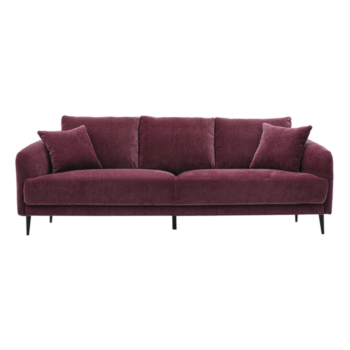 Canapé design 3 places en tissu effet velours prune et métal noir JERRY