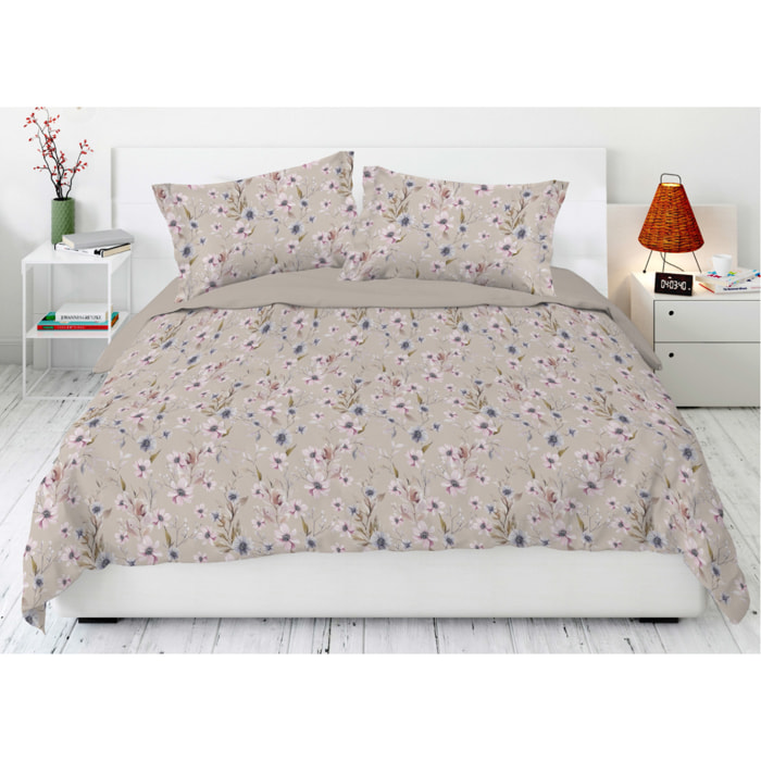 Parure Copripiumino Matrimoniale in Raso 60/60 Sacco e Federe con Fantasia Floreale Artemisia