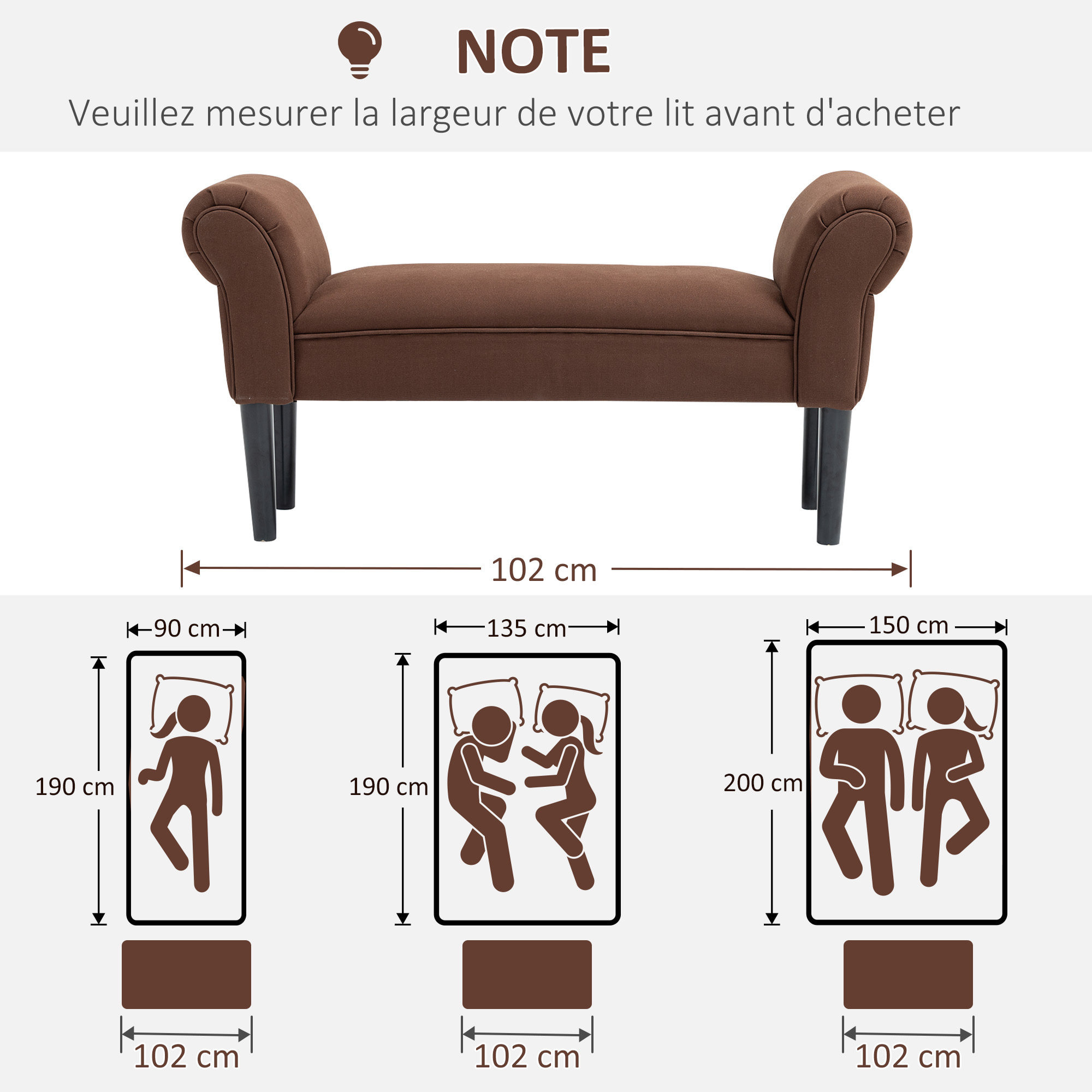 Banc banquette design contemporain accoudoirs courbés grand confort 102L x 31l x 51H cm chocolat