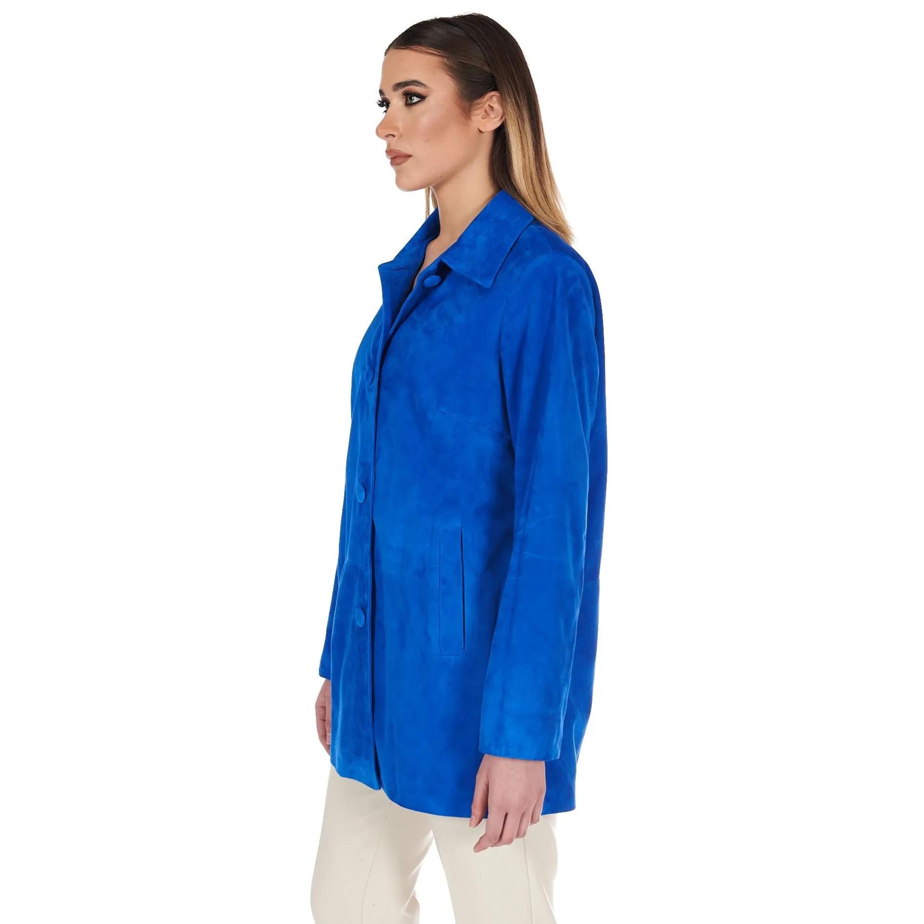 Giacca in pelle camoscio bluette monopetto versione oversize