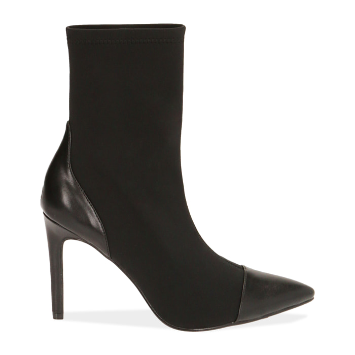 Ankle boots neri in lycra, tacco 10 cm.