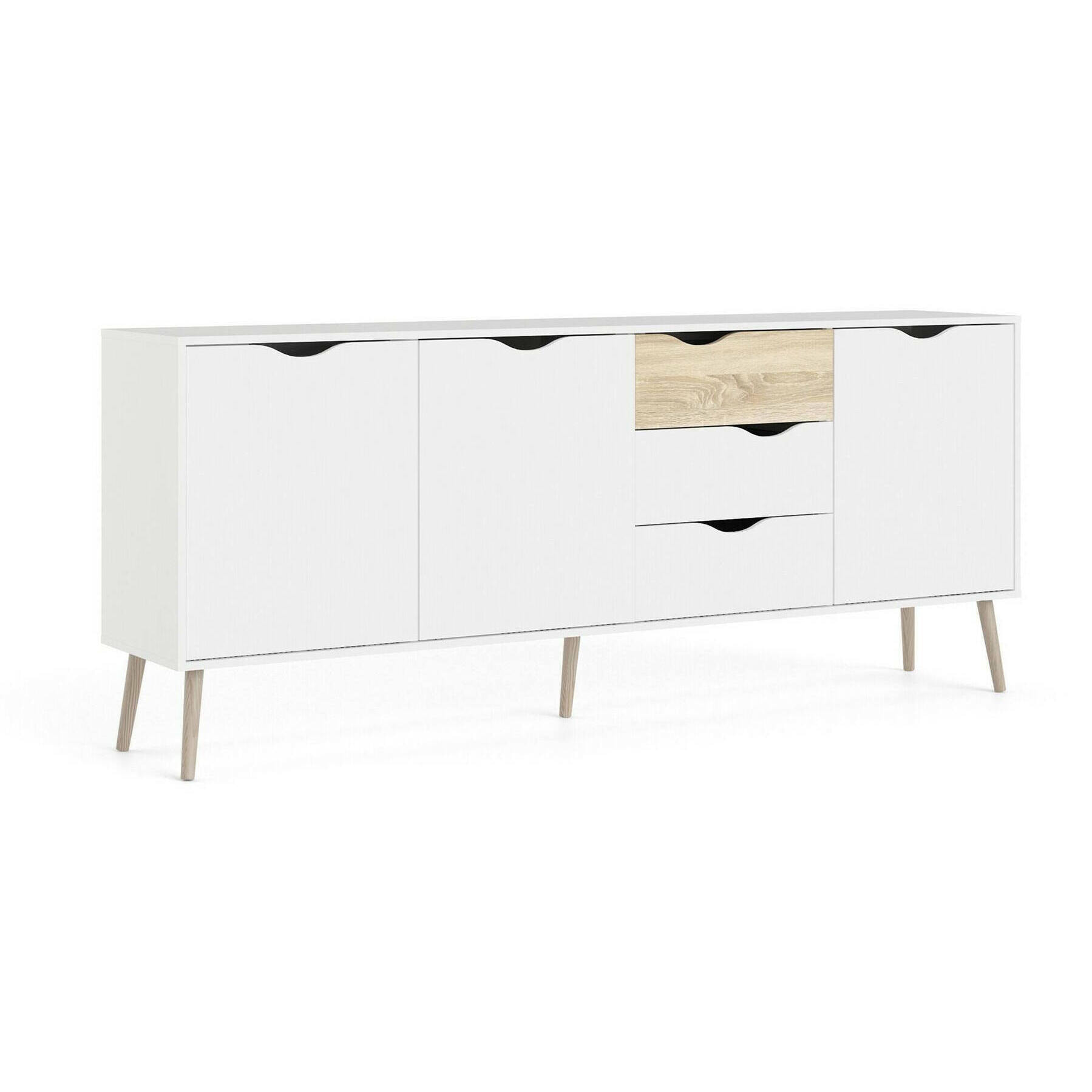 Credenza a tre a ante e tre cassetti, colore bianco e rovere, Misure 195 x 81 x 39 cm