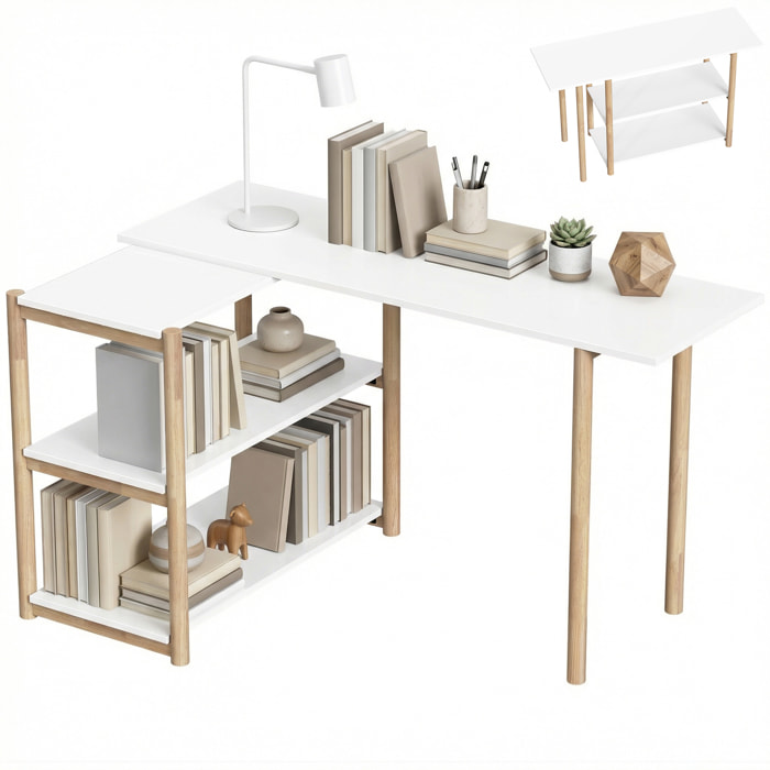 HOMCOM Escritorio Esquinero Plegable, 150 cm, Escritorio en L Moderno con Estantes de Almacenamiento y Marco de Bambú, Montaje Fácil, para Oficina en Casa, Dormitorio, Estudio, Blanco