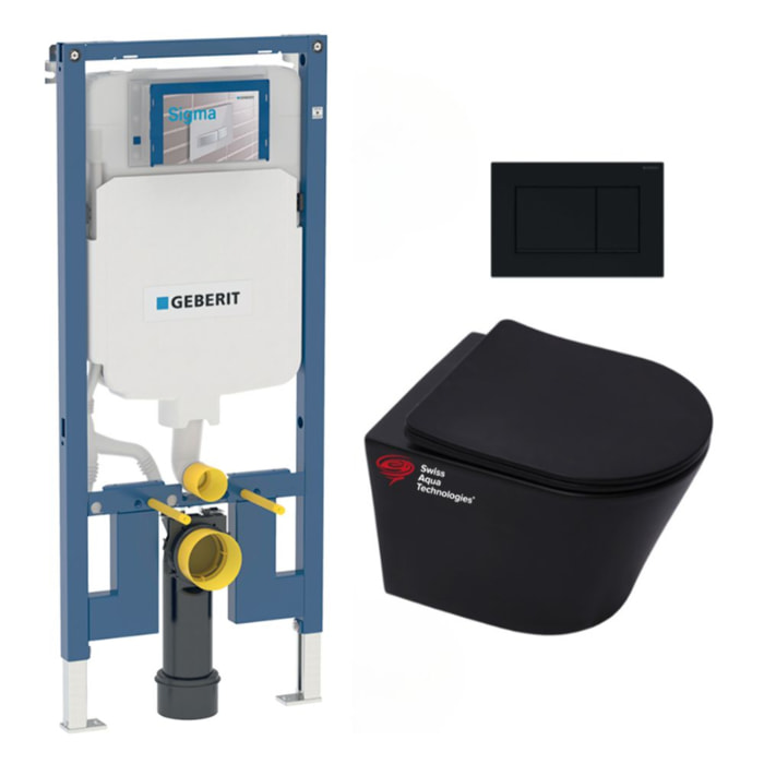 Pack WC Bati-support Geberit UP720 slim + WC Swiss Aqua Technologies sans bride + Abattant softclose + Plaque Noir mat