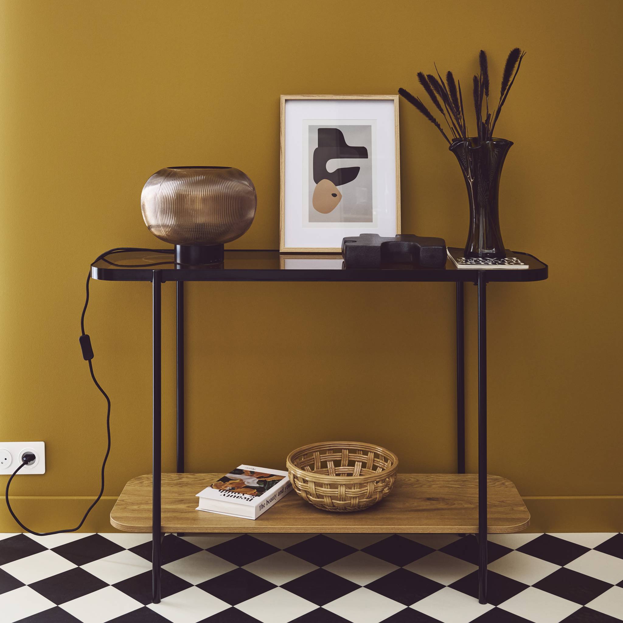 Console vintage métal et décor bois avec plateau en verre SMOOKY